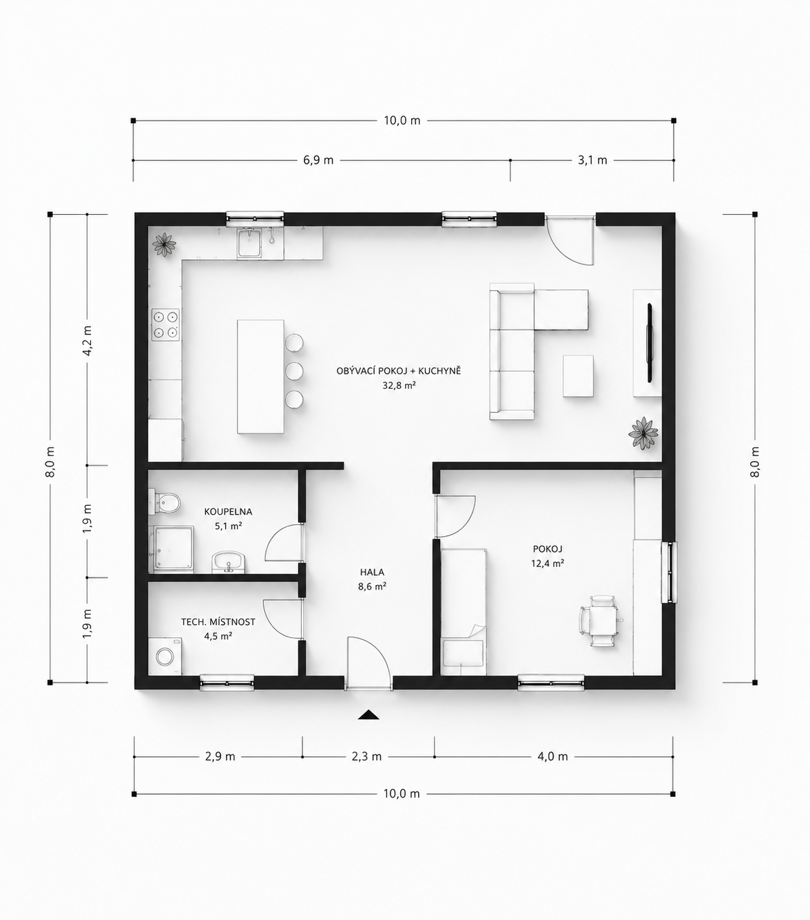 Minimalistický architektonický půdorys rodinného domu s kótami.